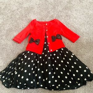 Cherokee Black/White Polka Dress with Red Jacket.
